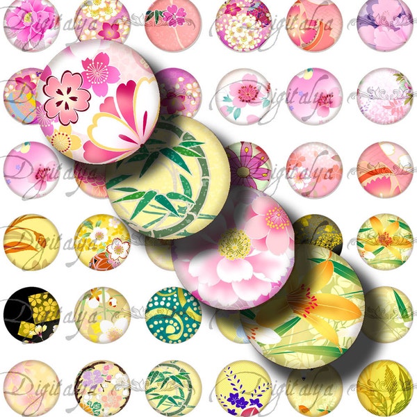 Japanese Design Pink & Yellow (2) Digital Collage Sheet - Stylish Asian floral - Circles - 1/2 inch - 12mm - 252 Tiles - Great for earrings