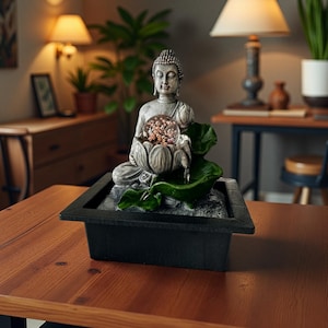 Tabletop Water Fountain Buddha Statue Desktop Indoor Waterfall Fountain Tabletop Humidifiers Home Decoration for Office, Living Room Bedroom