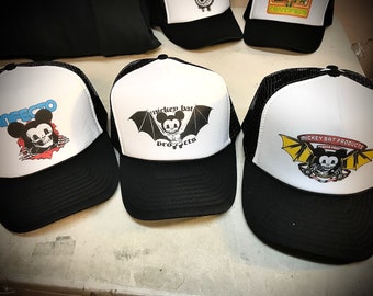 Mickey Bat Products Trucker Hats based on OG Powell Peralta and Bones Ripper skateboard logos