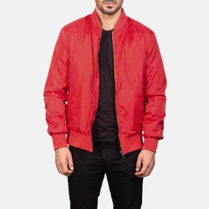 Red Bomber Jacket for Men | Lightweight Casual Zip-Up Jacket | Streetwear Fashion | Slim Fit Windbreaker | Fall & Spring Coat