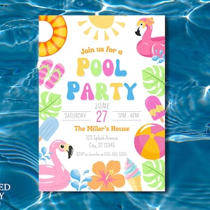 Op de afbeelding: Een kleurrijke uitnodiging voor een zwembadfeest met de tekst "Join us for a Pool Party" en evenementdetails. Het ontwerp bevat illustraties van een flamingo, ijs, strandbal en andere zomerse afbeeldingen. De uitnodiging staat tegen een blauwe waterachtergrond.