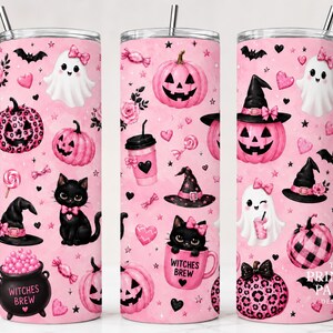 Pink Halloween Tumbler Wrap PNG for 20oz Skinny Tumbler, Cute Ghost & Pumpkin Seamless Sublimation Design, Instant Download, PPD520 image 6