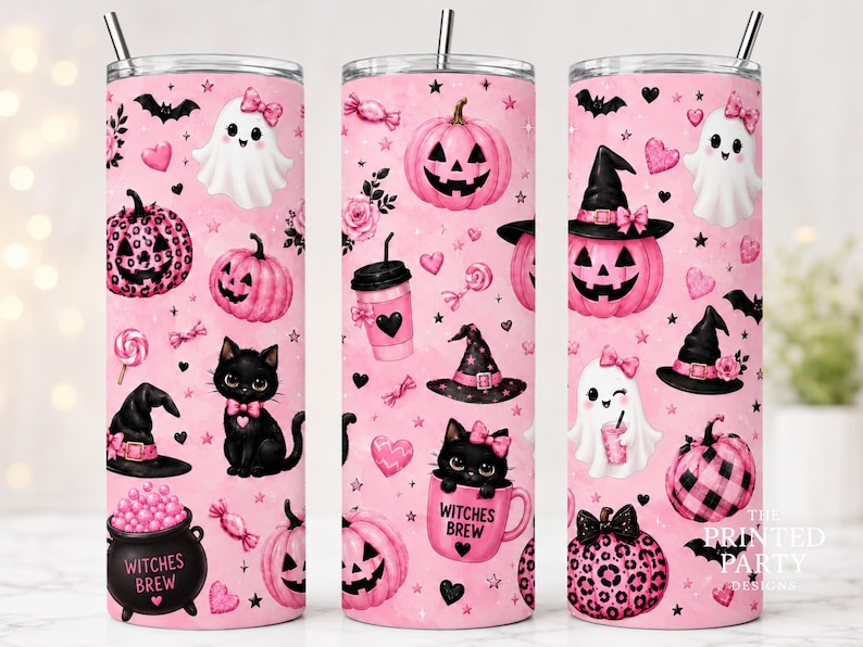 Pink Halloween Tumbler Wrap PNG for 20oz Skinny Tumbler, Cute Ghost & Pumpkin Seamless Sublimation Design, Instant Download, PPD520 image 6