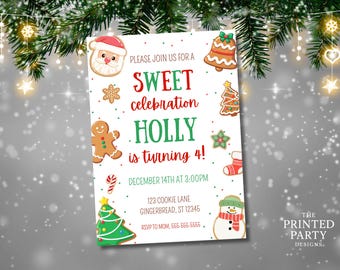 May include: A festive invitation for Holly's 4th birthday, featuring a Christmas theme. The invitation includes gingerbread cookies, a snowman, and the text "SWEET celebration HOLLY is turning 4!" with event details.