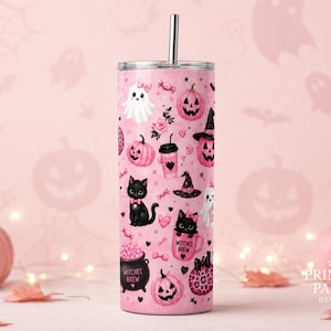 Pink Halloween Tumbler Wrap PNG for 20oz Skinny Tumbler, Cute Ghost & Pumpkin Seamless Sublimation Design, Instant Download, PPD520 image 5