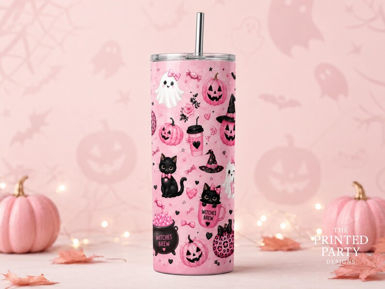 Pink Halloween Tumbler Wrap PNG for 20oz Skinny Tumbler, Cute Ghost & Pumpkin Seamless Sublimation Design, Instant Download, PPD520 image 5