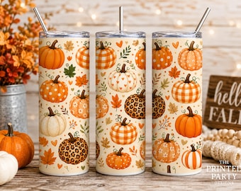 Fall Pumpkin Tumbler Wrap PNG for 20oz Skinny Tumbler, Seamless Autumn Pumpkin Sublimation Design, Instant Download, PPD520