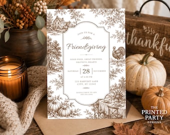 May include: A rectangular Friendsgiving invitation card featuring a brown and white toile-style illustration of a house, trees, a turkey, and a dining table. The text reads: Join us for a Friendsgiving, Good food, great friends, grateful hearts, Saturday 28 November at 6:00 PM, 123 Harvest Lane City, ST 12345, Kindly RSVP to Jen 555.555.5555.