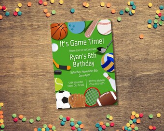 Invito per festa di compleanno a tema sportivo, 5x7, download modificabile Canva, PPD914