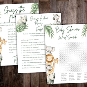 Safaridjurslekpaket för babyshower, redigerbar Canva-mall, direktnedladdning, 8,5x11, PPD703