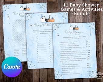 May include: A bundle of 11 baby shower games and activities printed on light blue paper with a Halloween theme. The designs feature a ghost, a black cauldron, and an orange pumpkin, along with black spiderwebs in the corners and star accents.
