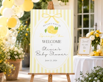 Lemon Squeeze Baby Shower Welcome Sign, We Can’t Wait to Squeeze You, Citrus theme, 24x36 Editable Canva Template, PPD718