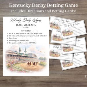 May include: A Kentucky Derby betting game set with betting cards and instructions. The main card features a watercolor illustration of a racetrack with horses. The text includes "Kentucky Derby Wagons" and "Place Your Bets".