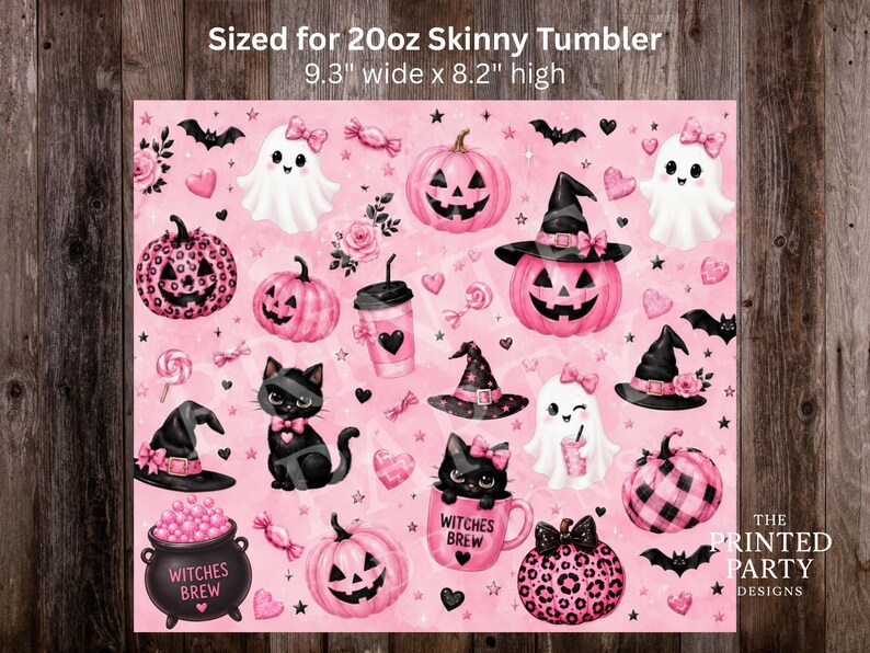 May include: A digital design for a 20oz skinny tumbler measuring 9.3 inches wide by 8.2 inches high. The pink background features a pattern of black cats, white ghosts with pink bows, pink pumpkins, witch hats, and a cauldron labeled Witches Brew.