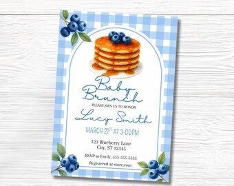 Blueberry Pancake Baby Shower Invitation, Pancakes, Canva Editable Template, 5x7, PPD711