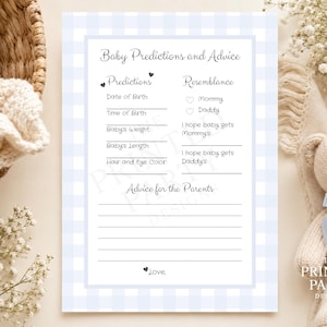 May include: A rectangular baby shower activity card featuring a light blue and white gingham border. The text reads Baby Predictions and Advice, with sections for Date of Birth, Time of Birth, Baby's Weight, Baby's Length, Hair and Eye Color, Resemblance, and Advice for the Parents.