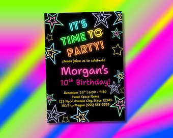 Neon Stars Birthday Party Invitation, Canva Editable Template, Instant Download, Kids Birthday Celebration, 5x7, PPD922