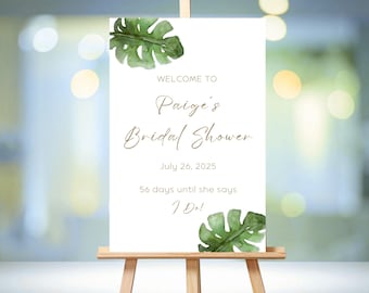 Watercolor Green Palm Leaf Bridal Shower Welcome Sign, 24x36 inches, Printable Download, Editable Template, PPD108