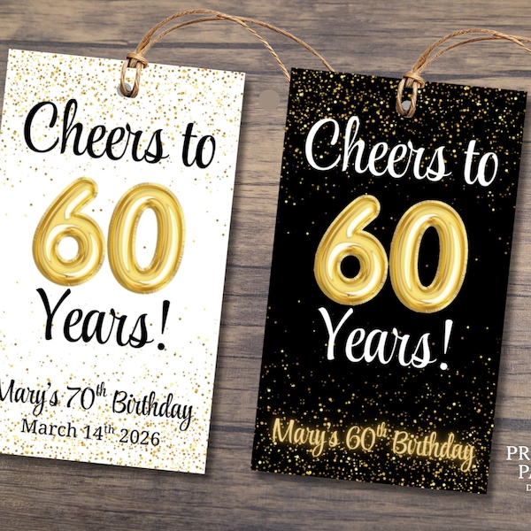 Gold 60th Birthday Balloon Party Favor Tags, Canva Editable Template, PPD929