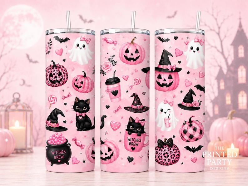 May include: Three cylindrical tumblers with lids and straws, featuring a pink background with a repeating pattern of black cats, pink pumpkins, ghosts with bows, witch hats, and black cauldrons labeled Witches Brew, along with hearts and bats.