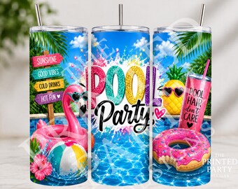 Pool Party Tumbler Wrap PNG for 20oz Skinny Tumbler, Summer Sublimation Design, Tropical Flamingo Tumbler, Instant Download, PPD520, PPD511
