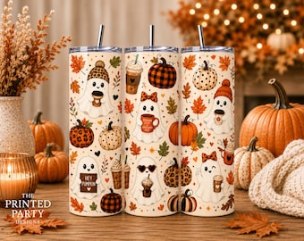 Fall Ghost Tumbler Wrap PNG for 20oz Skinny Tumbler, Autumn Sublimation Design, Cute Ghost & Pumpkin Tumbler Wrap, Instant Download, PPD520