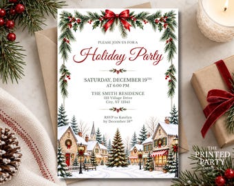 Invitación para fiesta navideña en un pueblo navideño, plantilla editable de Canva, descarga instantánea, 5x7, PPD527