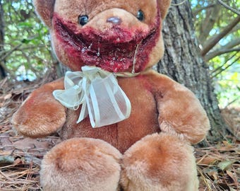 Gummy Creepy Smile Gore-teddybeer, handgemaakte horror knuffelbeer, latex gore-kunst, griezelig schattig, spookachtig, eng, alternatief, eigenaardigheden