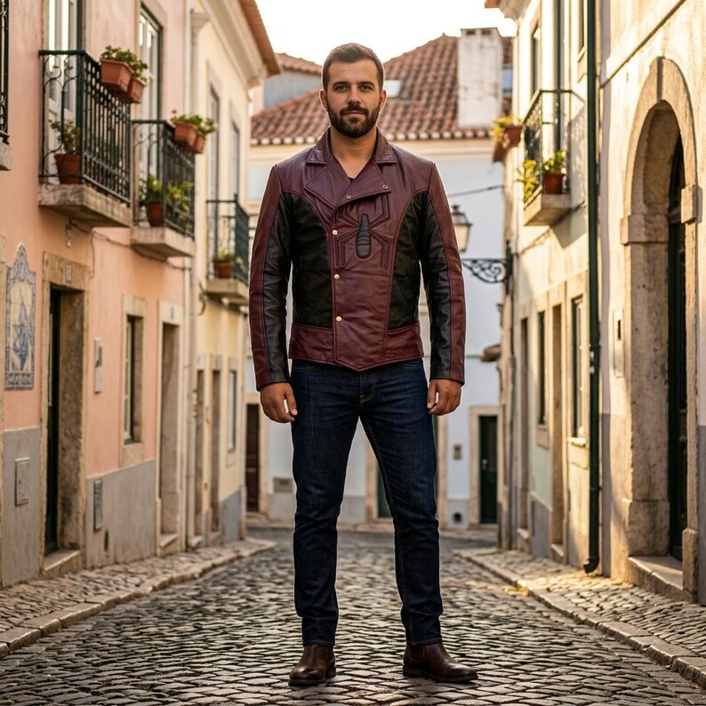 May include: A burgundy and black leather jacket with a button-up front and a unique spider emblem on the chest. The jacket has black sleeves and a burgundy body. The person is wearing dark blue jeans and brown boots.