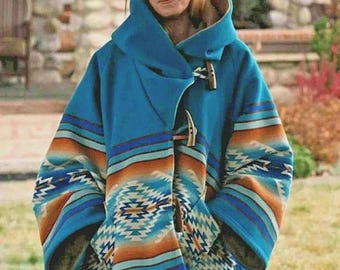 Beth Dutton Blue Southwest Fleece Poncho | Inspired Western Winter Coat