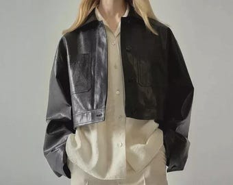 Women’s Oversized Cropped Leather Jacket Genuine Lambskin Black & Brown Biker Moto Jacket | Retro Streetwear