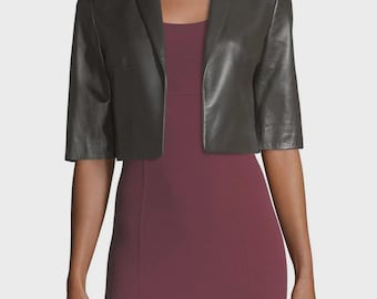 Lambskin Leather Crop Moto Jacket | Women's Bolero Biker Shrug | Black Cropped Shortie Coat