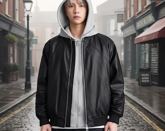 Handmade Hooded Sheepskin Leather Jacket Men's Oversized Motorcycle Coat