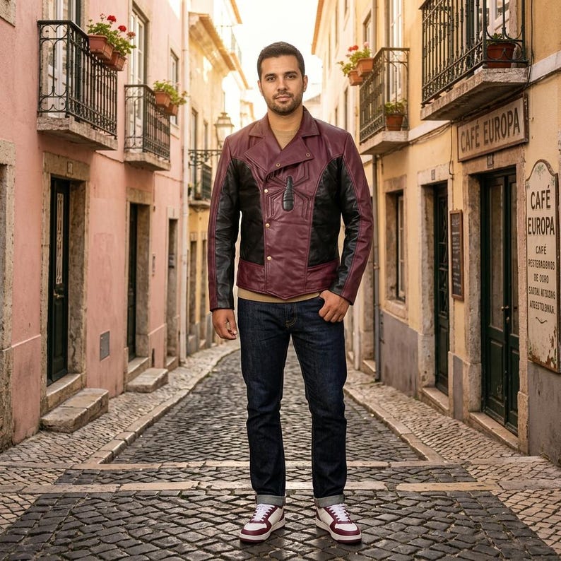 May include: A burgundy and black leather jacket with a unique design, paired with dark blue jeans and white sneakers with burgundy accents. The jacket features a distinctive asymmetrical closure and a textured pattern.