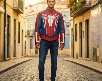 Spider-Man Inspired Red Blue Leather Jacket | Handmade White Cosplay Costume | Superhero Moto Coat
