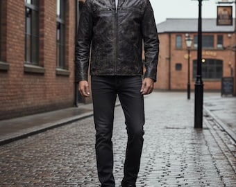Men's Distressed Brown Leather Biker Jacket | Vintage Cafe Racer Moto Coat