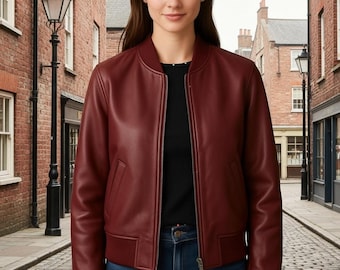 Burgundy Lambskin Leather Bomber Jacket | Handmade Women's Classic Aviator Coat | Wine Red Fall Outerwear