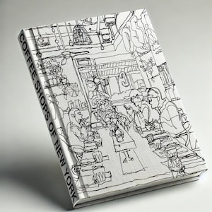 Pode incluir: Um livro de capa dura intitulado "Coffee Shops of New York" com um desenho a traço preto e branco de um interior de café. A ilustração mostra pessoas em mesas e o interior da loja.
