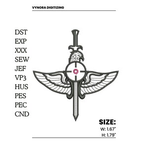 May include: Embroidered design featuring an eagle with outstretched wings, a sword, and a target. The design includes the text "VYNORA DIGITIZING" and size details: width 1.67 inches, height 1.79 inches. Various file format abbreviations are listed.