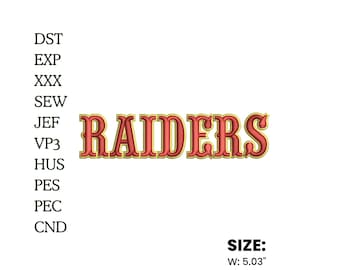 May include: A red and gold embroidered "RAIDERS" design. The text is in a bold, stylized font. The design's width is 5.03 inches and the height is 1.24 inches. The image also includes file type abbreviations.