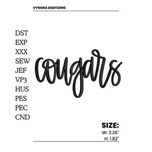 Pode incluir: Texto preto em itálico que diz "cougars". O texto tem 8,28 cm de largura e 4,62 cm de altura. A imagem também inclui o texto "VYNORA DIGITIZING" e várias abreviações de formatos de arquivo.