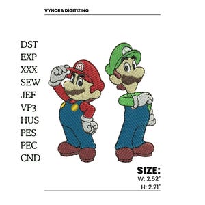 May include: Embroidered patch featuring Mario and Luigi, iconic video game characters. Mario wears a red hat and Luigi a green hat, both in blue overalls. The patch is 2.52 inches wide and 2.21 inches high. The text "VYNORA DIGITIZING" is at the top.