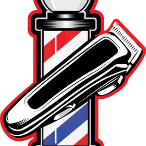 Peut inclure: Une enseigne de barbier avec des rayures rouges, blanches et bleues, et une tondeuse à cheveux noire et blanche. Le poteau a un globe blanc sur le dessus et une base décorative. L'image a un contour rouge.