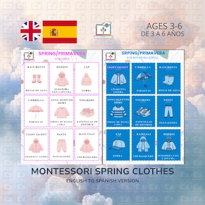 May include: Educational Montessori spring clothes chart for ages 3-6. The chart is divided into two sections, one for girls and one for boys, with illustrations of clothing items like rain boots, hoodies, and jackets. The text is in English and Spanish.