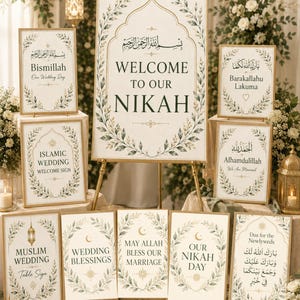 May include: A collection of wedding signs featuring gold frames and botanical leaf borders. The central sign reads Welcome to our Nikah, while others include phrases like Bismillah, Barakallahu Lakuma, Alhamdulillah, and May Allah Bless Our Marriage.