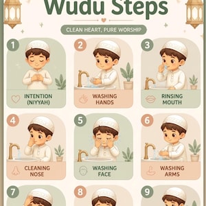 Può includere: Un poster educativo intitolato Wudu Steps for Kids con nove illustrazioni numerate di un bambino con kufi e camicia bianca che esegue i passaggi dell'abluzione. Il testo include intenzione, lavaggio delle mani, bocca, naso, viso, braccia, testa, orecchie e piedi.