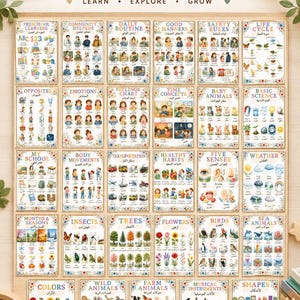 May include: A bundle of 29 educational posters featuring Arabic and English text. The posters cover topics including ABCs, community helpers, daily routines, manners, safety, life cycles, emotions, science, weather, animals, and shapes with colorful illustrations.