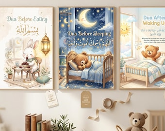 Islamic Kids Nursery Wall Art Set of 3 Printable | Dua Posters for Kids | Muslim Baby Room Decor | Bedtime Dua Print | Eid Gift for Kids