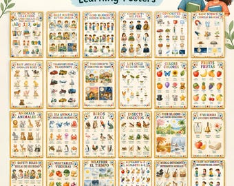 28 Bilingual Educational Posters English Spanish, Preschool Classroom Decor, Learning Posters, Homeschool Wall Art, Kids Printable