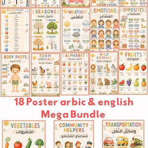 18 Arabic English Educational Posters Bundle, Montessori Nursery Wall Art, Preschool Learning Printables, Kids Classroom Decor